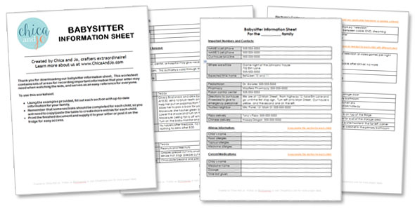 Downloadable babysitter's information sheet