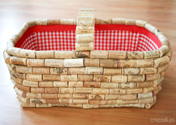 Recycled wine cork covered picnic basket