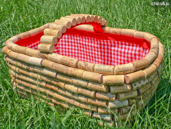 Recycled wine cork covered picnic basket