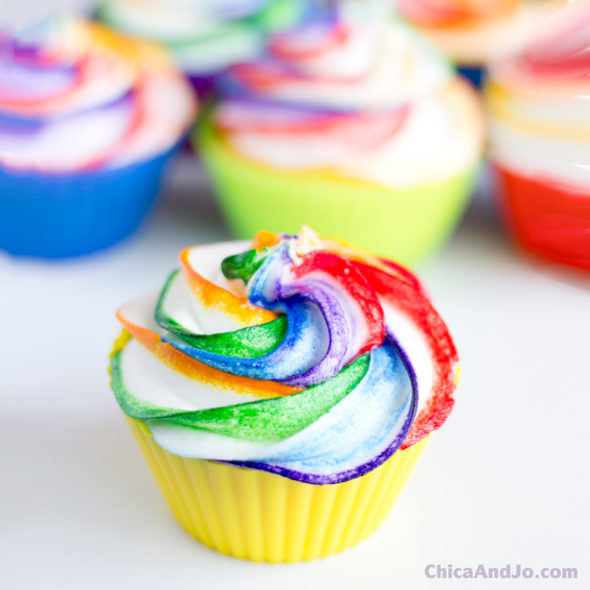 Rainbow Swirled Frosting Cupcakes