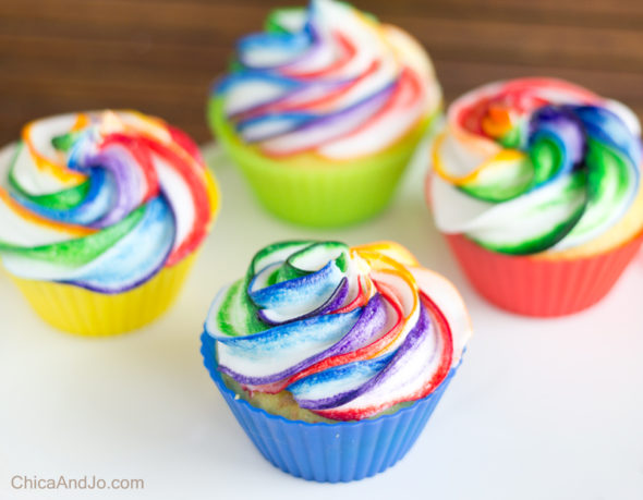 Rainbow swirled frosting cupcakes