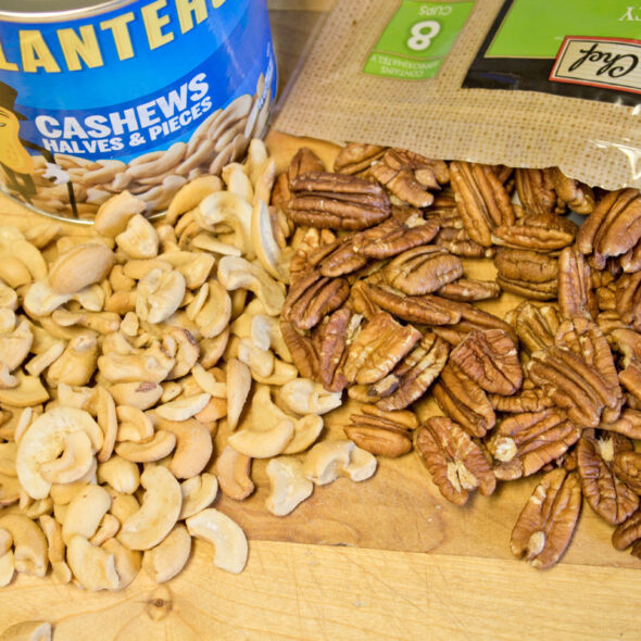 bold and spicy chex mix recipe - cashews and pecans