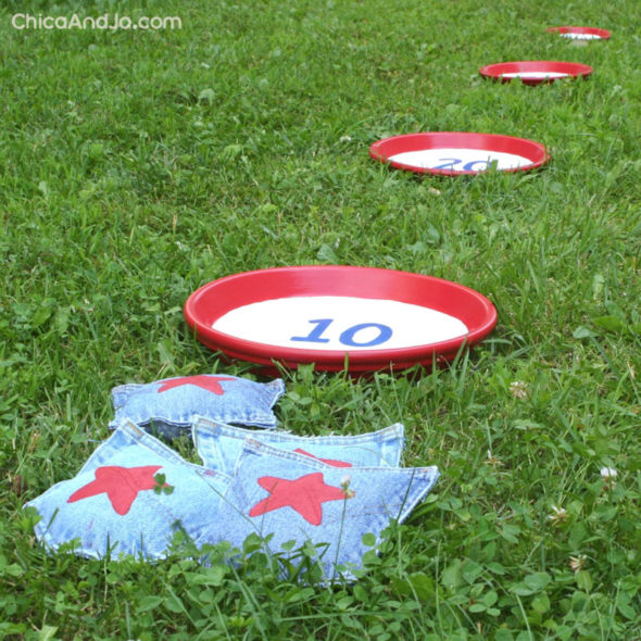 DIY bean bag toss game with denim pockets