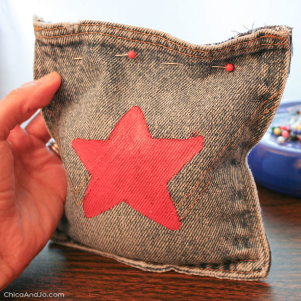 DIY bean bag toss game with denim pockets