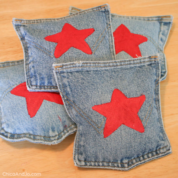 DIY bean bag toss game with denim pockets