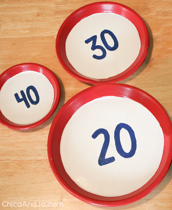 DIY bean bag toss game with denim pockets