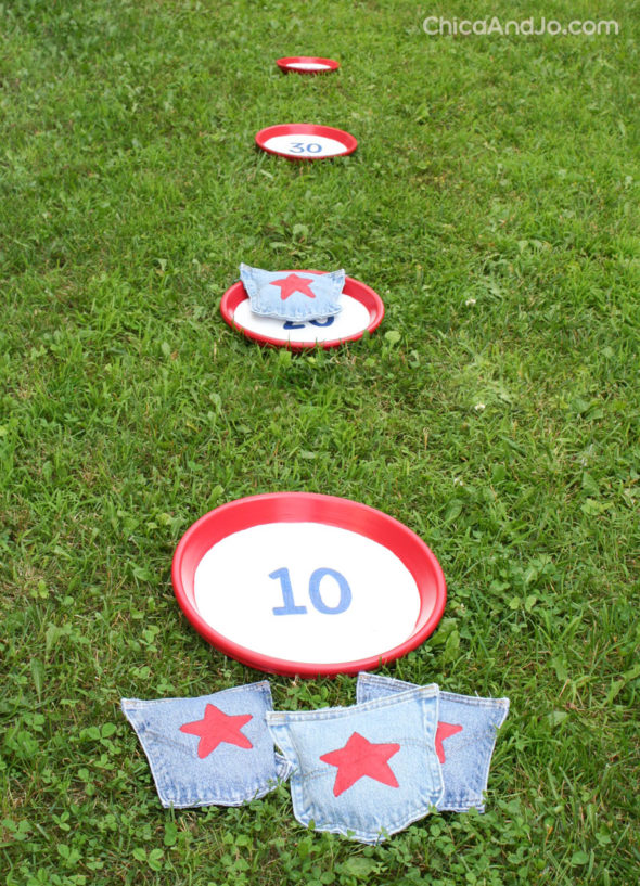 DIY bean bag toss game with denim pockets