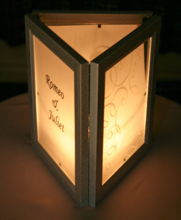 DIY wedding luminaria centerpieces from dollar store frames and printed vellum