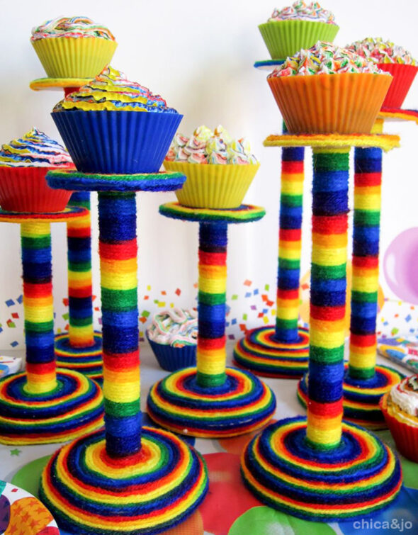 Easy DIY rainbow cupcake display pedestals