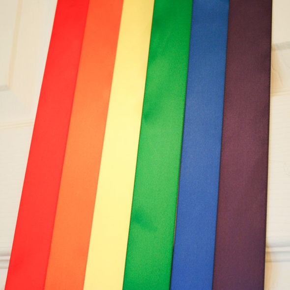 St. Patrick's Day door decoration with rainbow and pot of gold