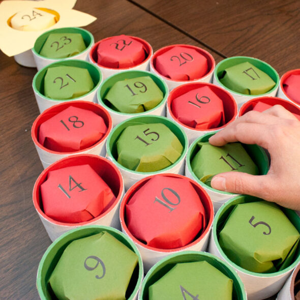 DIY Advent calendar tree from upcycled cardboard tubes