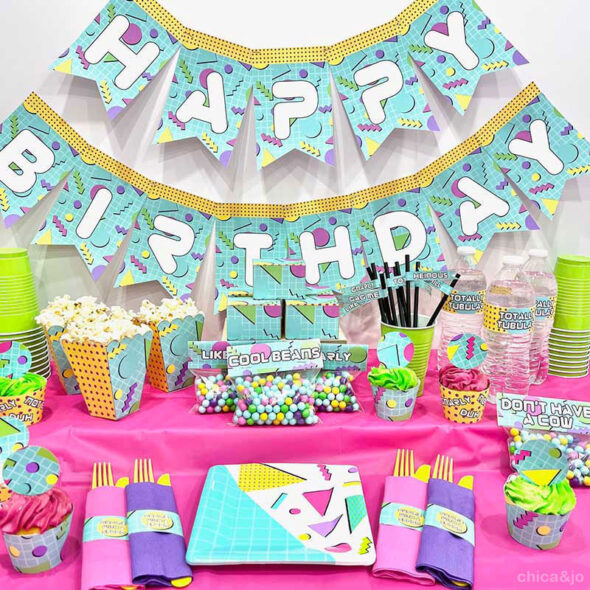 80s party planning ideas memphis style party table decor printables