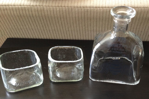 DIY upcycled Patron bottles cheese serving set