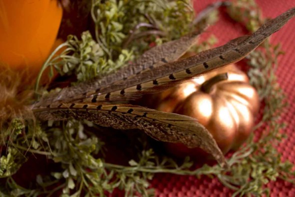 Feathers and metallics for a Thanksgiving table setting