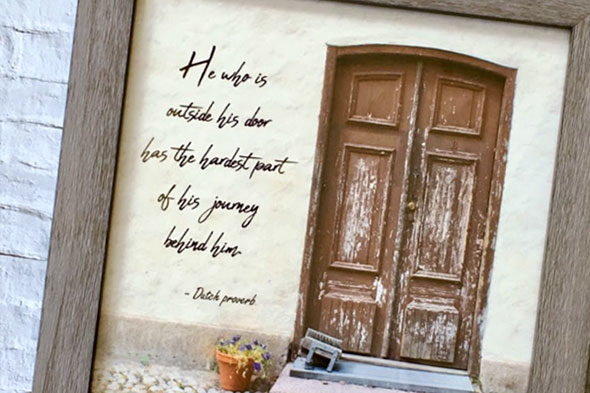 Inspirational travel quote print with European door