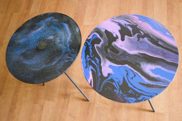 galaxy print paint pour glass end table