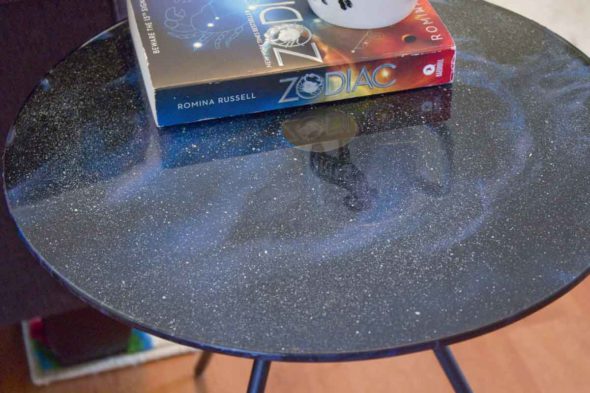 galaxy print paint pour glass end table