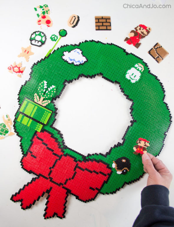 8-Bit Super Mario pixel art Christmas wreath
