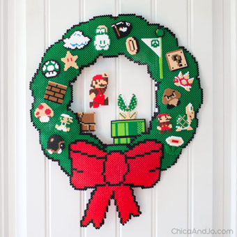 Super Mario Perler Bead Christmas Wreath (Free Pattern)