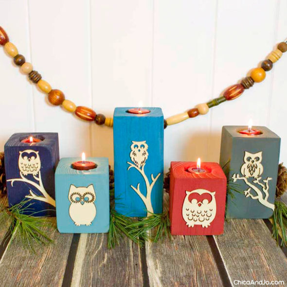 Owl Upcycled Wood Candle Holders
