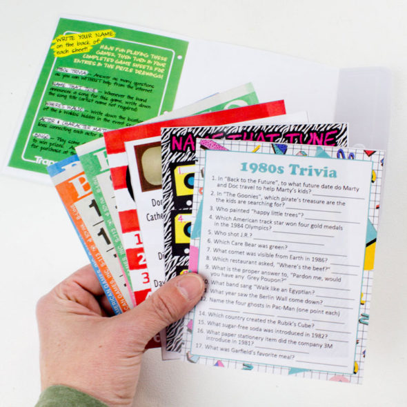 free printable 80s party games with retro Trapper Keeper folder