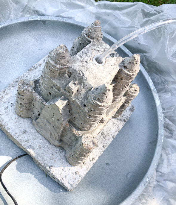 Cast concrete sandcastle fountain bird bath