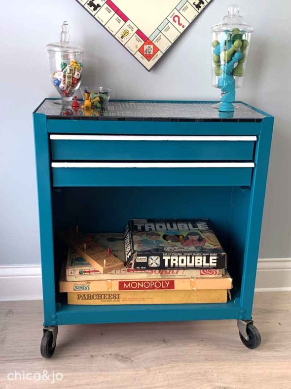 Metal tool chest turned into a game cabinet