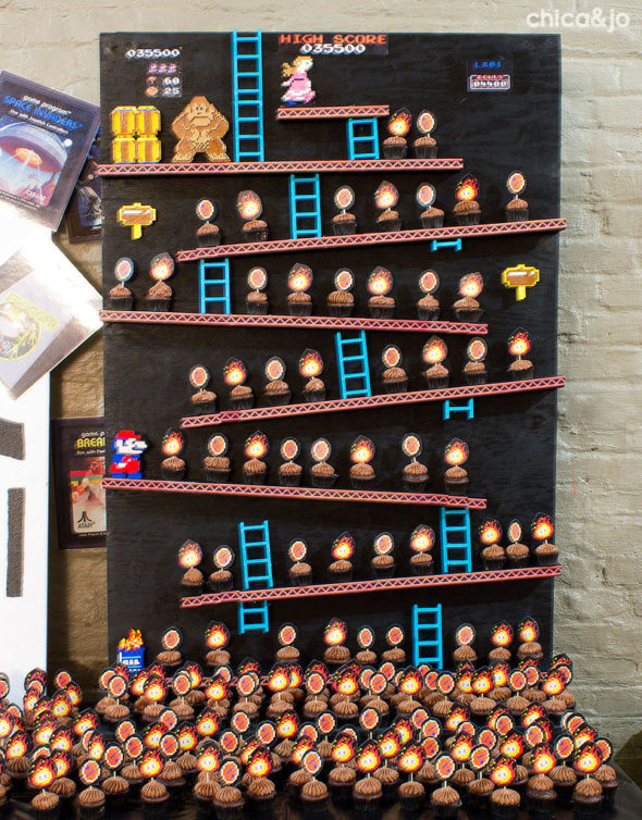 80s party planning ideas donkey kong cupcake display