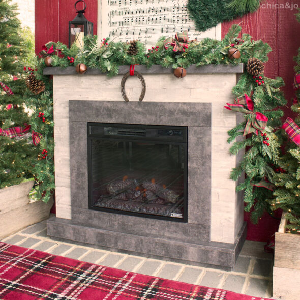 Equestrian themed Christmas decor with outdoor fireplace