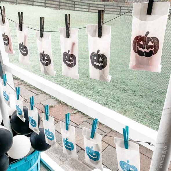 Self-serve Halloween trick-or-treat candy station with Teal Pumpkin Project favors