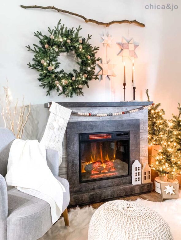 Scandinavian Christmas fireplace mantle decorations