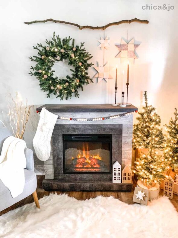 Scandinavian Christmas fireplace mantle decorations