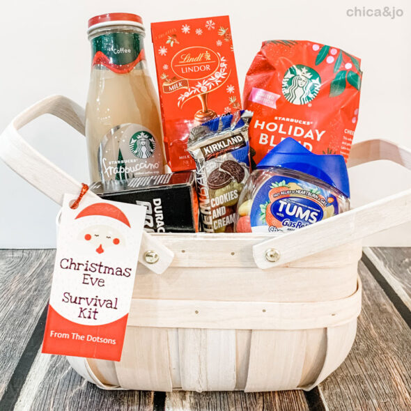 Inexpensive Christmas gifts for neighbors and co-workers - free printable gift tag christmas eve survival kit coffee chocolate batteries
