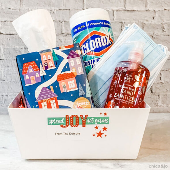 Inexpensive Christmas gifts for neighbors and co-workers - free printable germ-fighting covid gift basket tag spread joy not germs