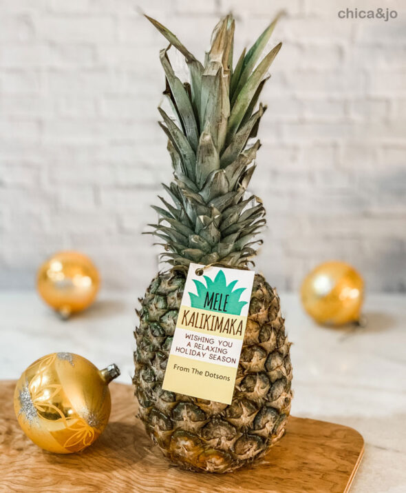 Inexpensive Christmas gifts for neighbors and co-workers - free printable mele kalikimaka housewarming hostess pineapple gift tag
