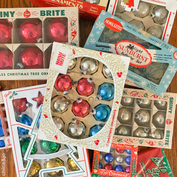 Vintage retro Christmas decorations with Shiny Brite ornaments