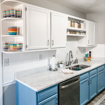 White and Blue Modern Kitchen Makeover on a Budget