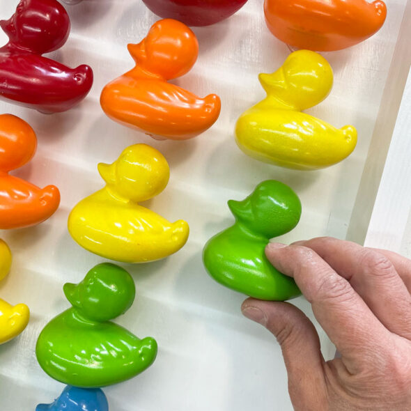 Rainbow kid's bathroom art from painted toy ducks