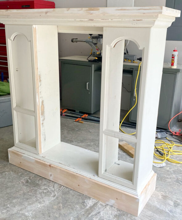 DIY faux fireplace made from an upcycled hutch