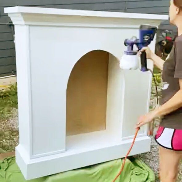 DIY faux fireplace made from an upcycled hutch