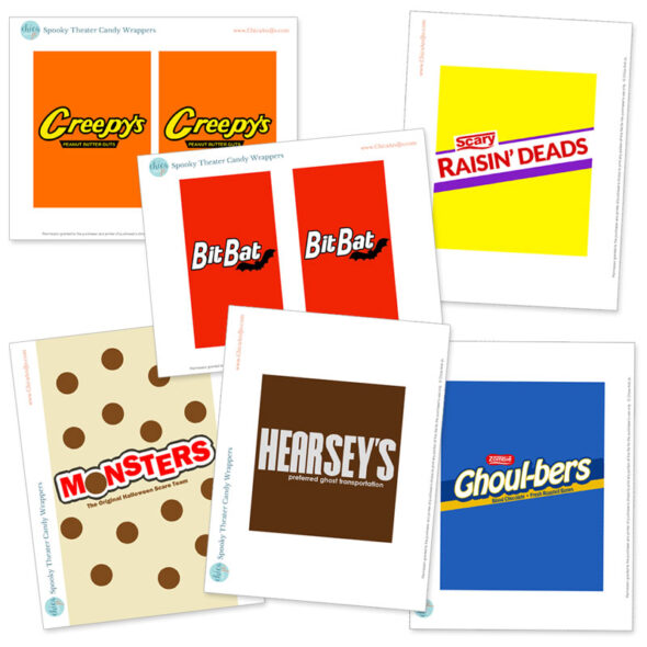 Printable punny funny Halloween candy wrappers for theater candy