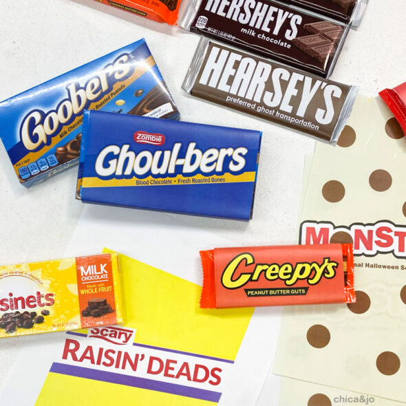 Printable punny funny Halloween candy wrappers for theater candy