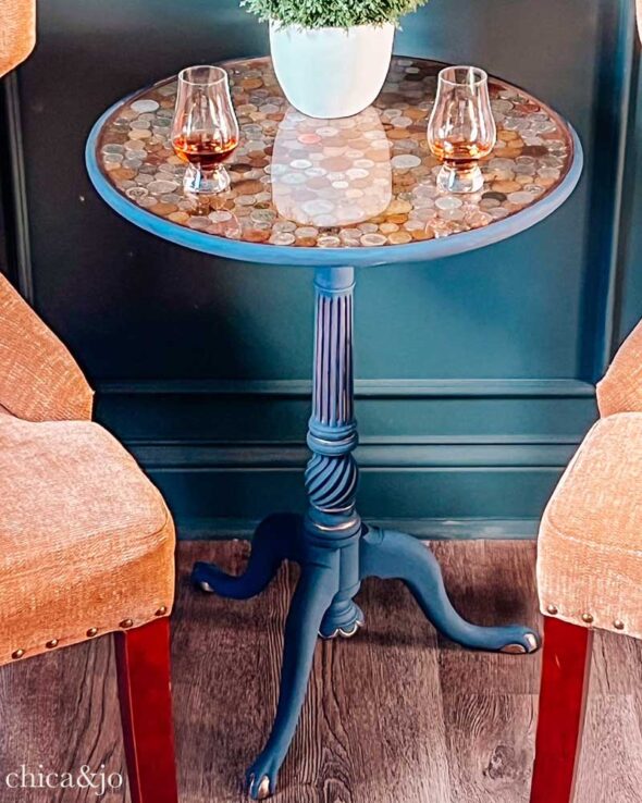 Resin topped side table with embedded coins