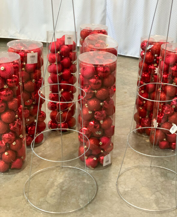 Christmas trees made from tomato cages and ornaments