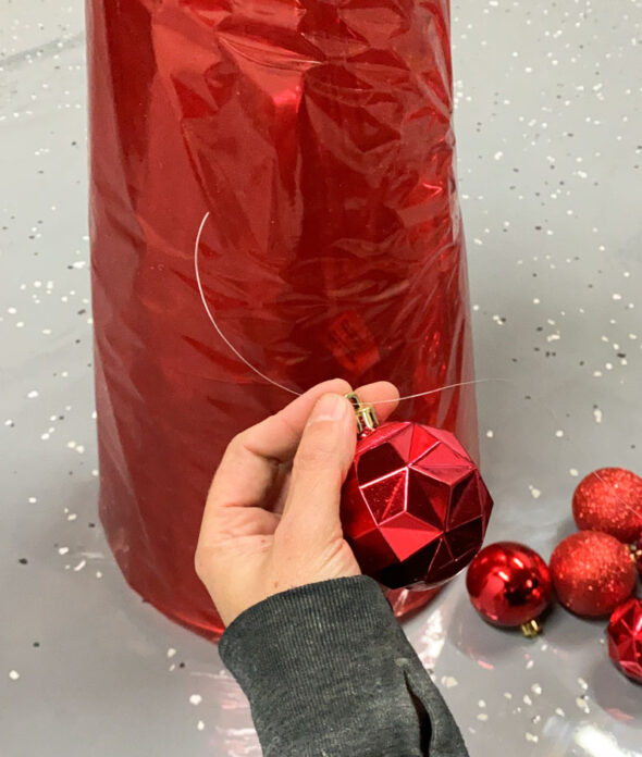 Christmas trees made from tomato cages and ornaments