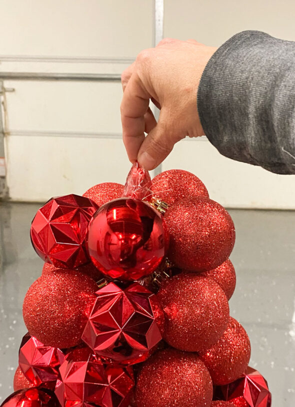 Christmas trees made from tomato cages and ornaments