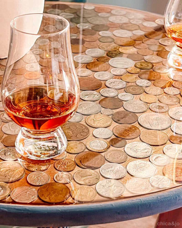 Resin topped side table with embedded coins