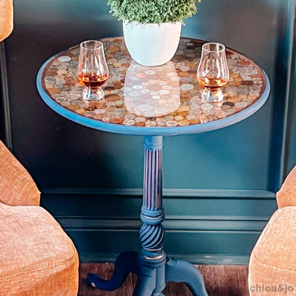 Resin Topped Side Table with Embedded Coins