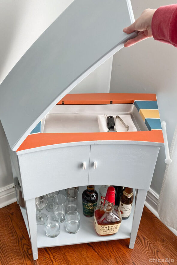 DIY bar cart from a vintage sewing machine cabinet