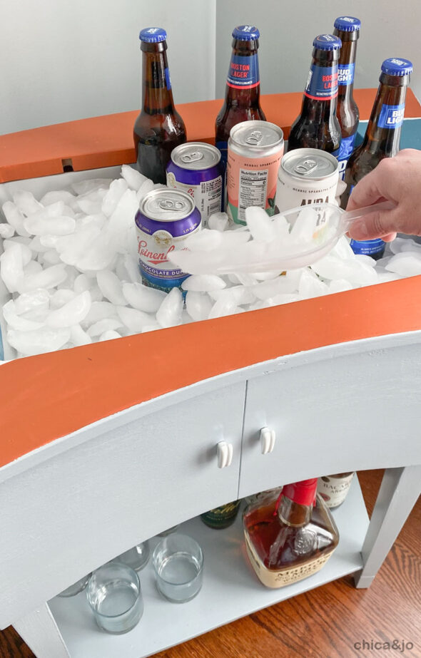 DIY bar cart from a vintage sewing machine cabinet